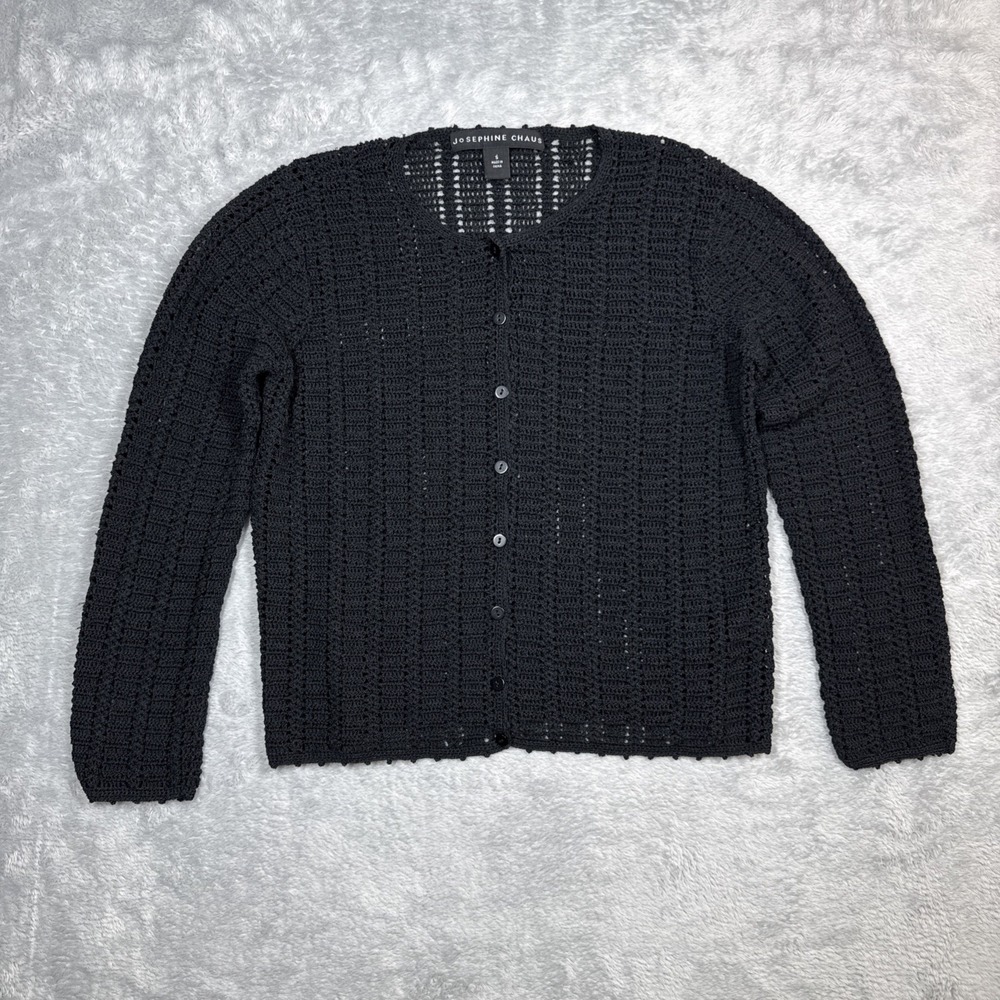 Josephine Chaus Cardigan Women Small Black Open Knit Minimalist Whimsigoth Y2K
